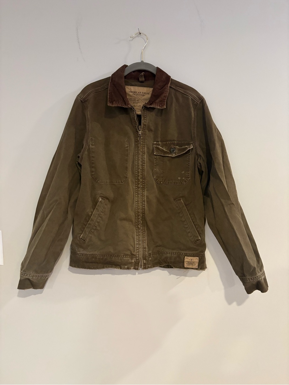 Y2K American Eagle Green Full Zip Canvas Distressed Work Jacket Corduroy Collar